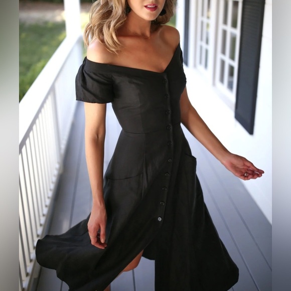 Reformation Linen Off Shoulder Black Midi Dress Sz2 - Picture 3 of 9